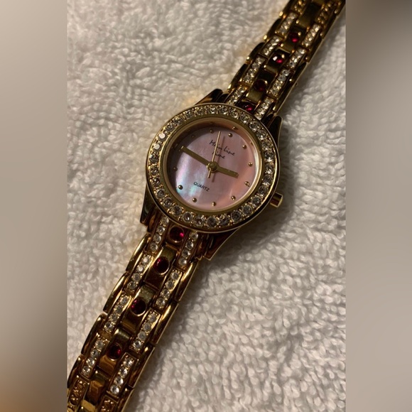 #J946 - Main Line Time Brand Gold-tone w/Red & Clear CZ Accents Ladies Watch - Picture 5 of 13